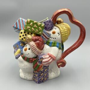 VTG Fitz & Floyd Frosty Folks Snowman Pitcher 90s Ceramic Christmas 1.5 Qt